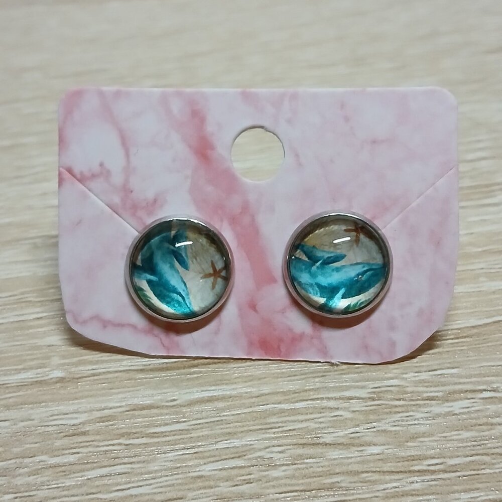Handmade Silver Tone with Blue Whale Stud Earrings Fashion Jewelry #87